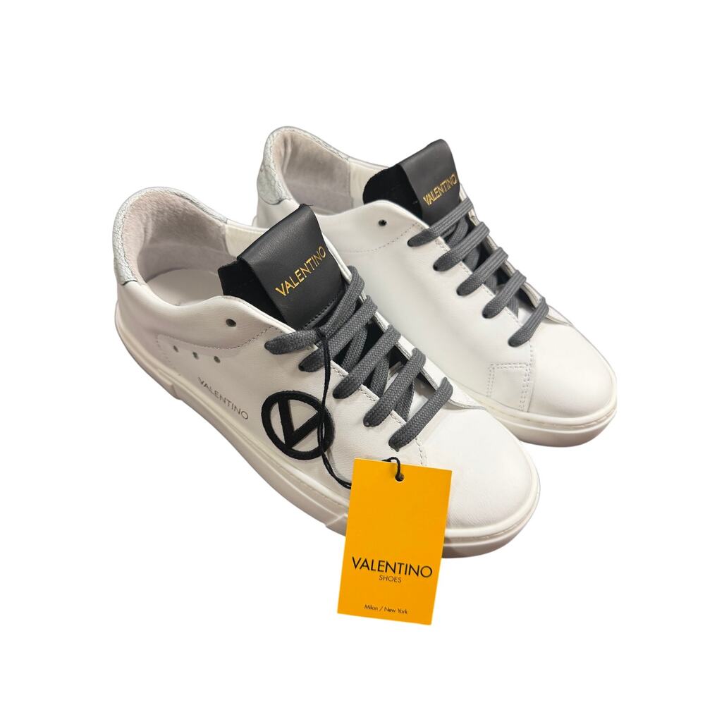 Valentino Laura Low Top Sneakers White Leather Crackle Heel IT 40 US 10 - Picture 2 of 10